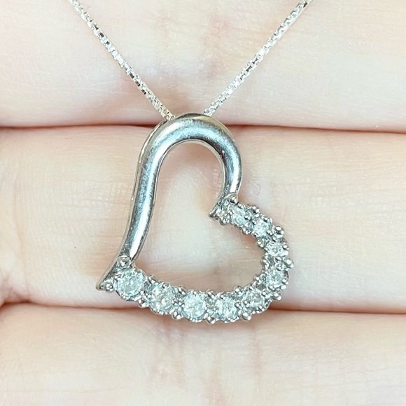Jewelry - 10k Diamond open heart half eternity paved solid white gold light pendant